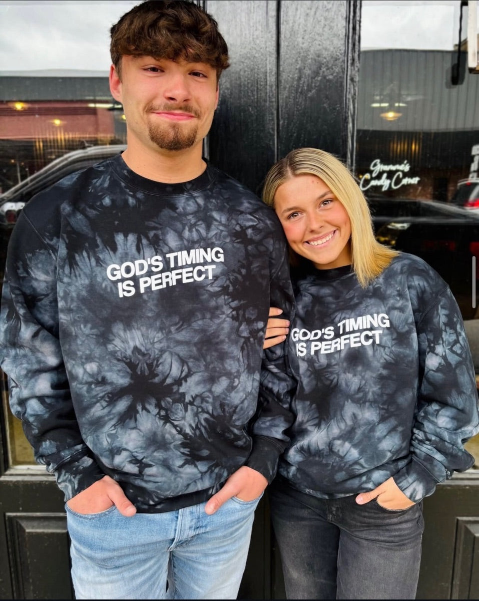 Couple in God’s Timing Is Perfect tie dye crewnecks